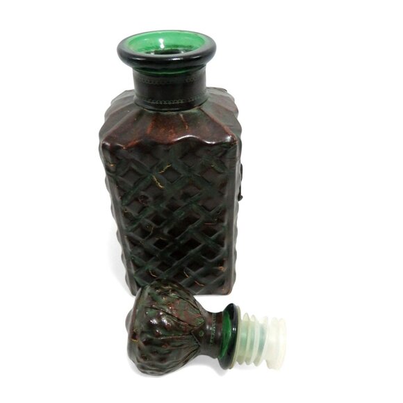 Green Glass DECANTER with LEATHER Wrap and Diamond X Pattern 10" 1960s Vintage - Picture 10 of 13